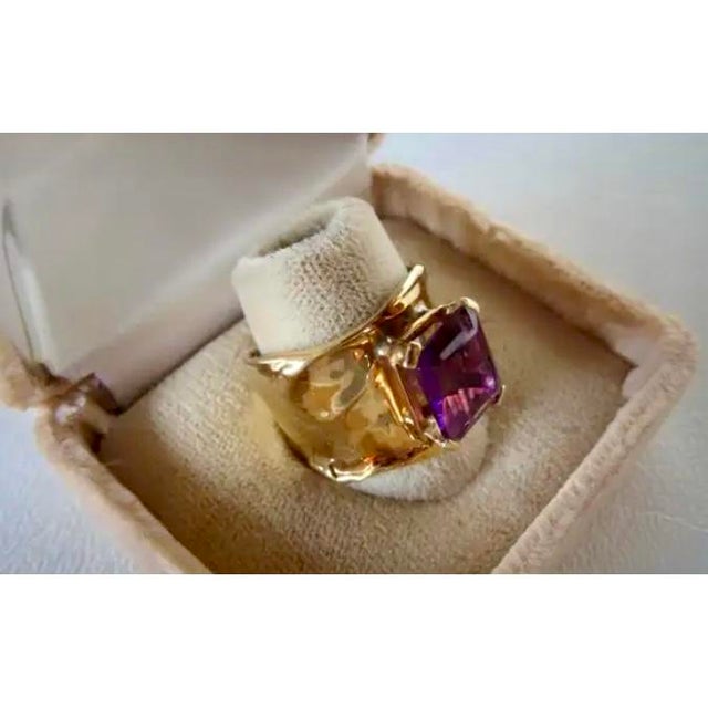 Purple Emerald-Cut Amethyst Ring by Jim Cotter 14k Gold Wide Band For Sale - Image 8 of 8