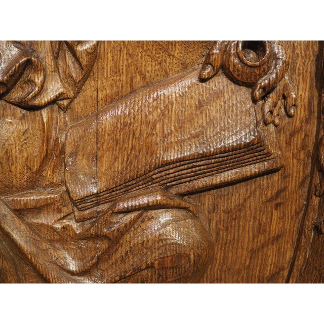 Antique French Carved and Incurved Oak Bas Relief Plaque of St Luke, C. 1720 For Sale - Image 11 of 13