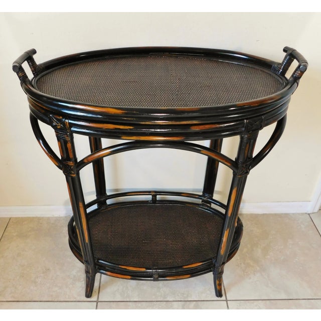 Wood Ornate Natural Bamboo Rattan Brown Wicker Oval Tray Table Two Tier Server For Sale - Image 7 of 12