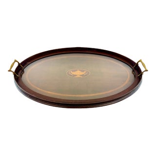 Antique Edwardian Mahogany Inlaid Serving Tray With Brass Handles For Sale