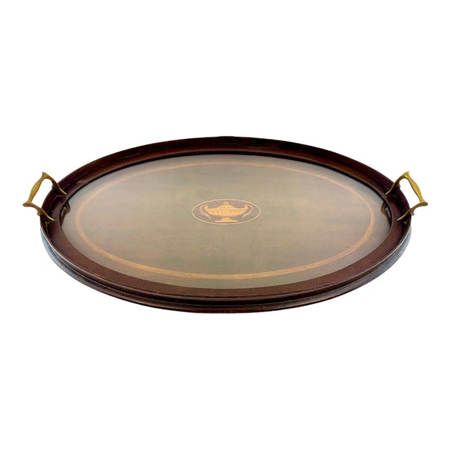Antique Edwardian Mahogany Inlaid Serving Tray With Brass Handles For Sale