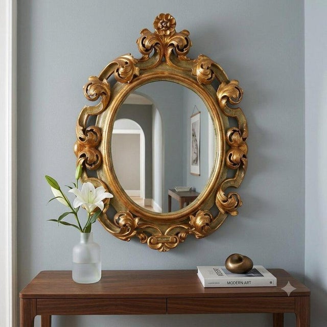 This eclectic mirror from the late 19th century is made of carved, gilded wood and decorated with faux marble paintings....