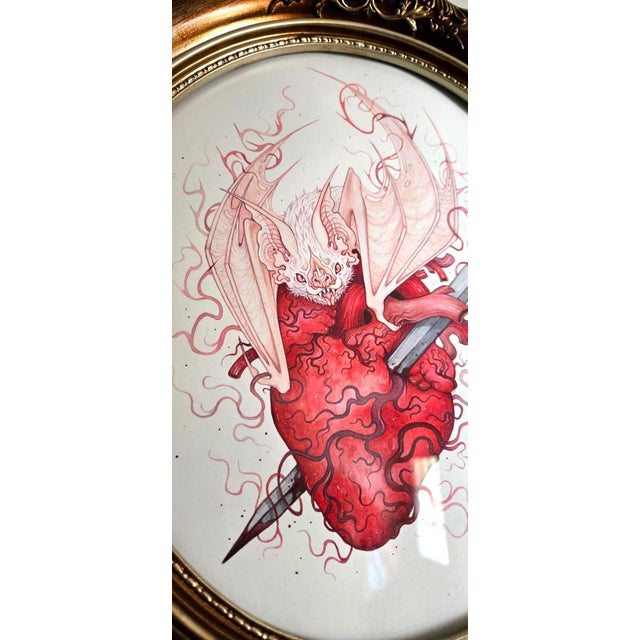 Contemporary My Vampire Heart by Nana Williams | Watercolor of a bat with a heart and a sword For Sale - Image 3 of 3