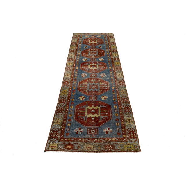 Tribal Antique Malayer Runner Rug With Geometric Medallions in Muted Blue & Rust For Sale - Image 3 of 9