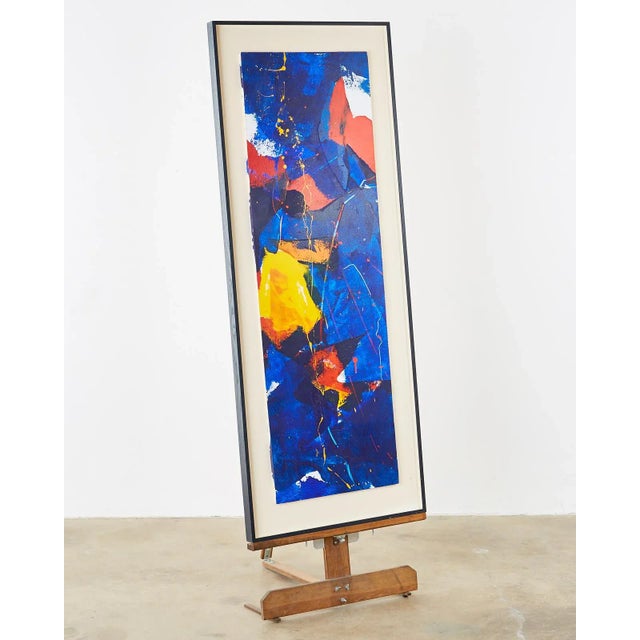 Captivating abstract acrylic on board painting by Marguerite Saegesser (Swiss 1923-2011) mounted in an ebonized wood...