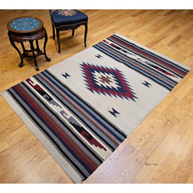 Textile Vintage American Southwestern Saltillo Kilim Rug, Medallion & Striped Pattern, Ivory & Red, 5x7 For Sale - Image 7 of 18