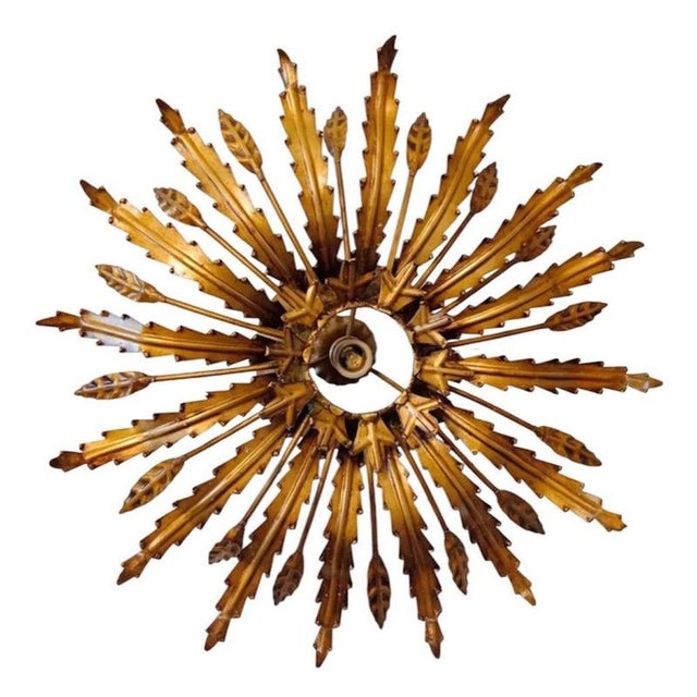 Large Spanish Sunburst Flush Mount in Gilt Metal with Support, 1950 For Sale - Image 10 of 10