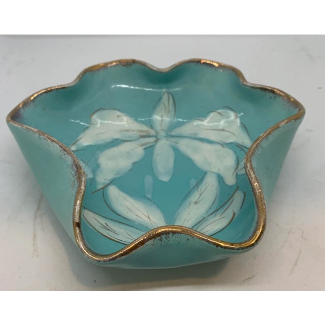 Gorgeous aqua bowl trimmed in 24k gold with handpainted lilies. Signed LOLK Italy. Beautiful
