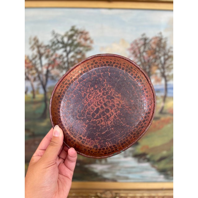 Abstract Vintage Hand-Hammered Copper Plate With Patina. For Sale - Image 3 of 10
