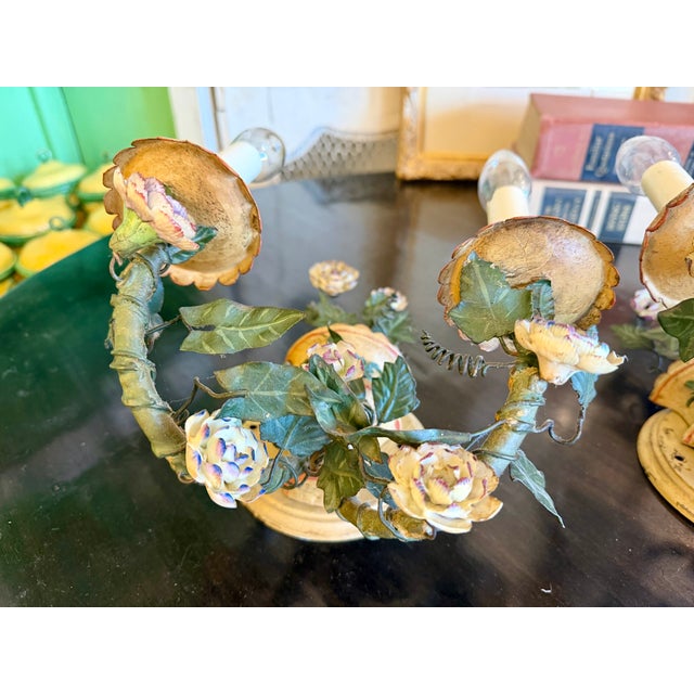 Antique French Floral Tole Wall Sconces - a Pair For Sale - Image 13 of 17