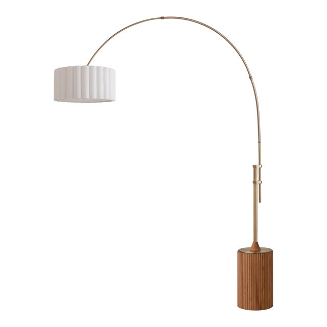 1980s Nova of California Tambo Brass Floor Lamp Mid Century Modern Arc Lamp, Natural Ash Wood Base, Fabric Drum Shade, Dimmable For Sale