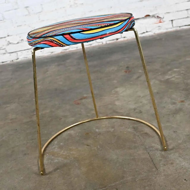 Metal Vintage MCM Stool With Round Colorful Vinyl Seat & Brass Plated Steel Asymmetric Base For Sale - Image 7 of 13