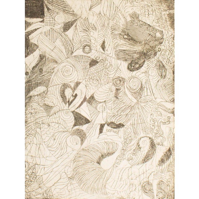 An etching by the American artist Mae Alice Engron (1942-2007). Unsigned, the etching depicts a dense array biomorphic...