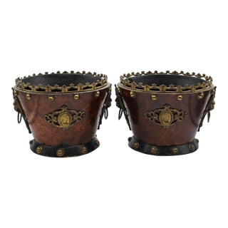 Pair of French Napoleon III Period Walnut, Bronze, & Brass Jardinieres For Sale