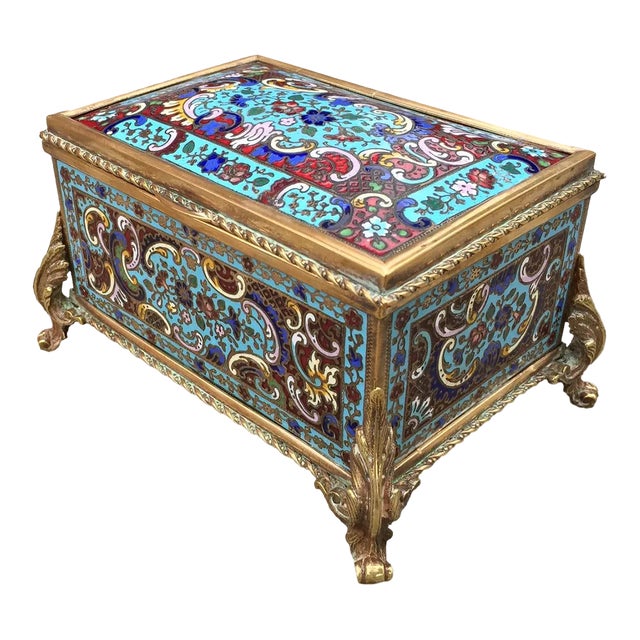 Late 19th Century French Champlevé Enamel & Fire Gilt Bronze Metalwork Domed Top Jewel Box For Sale