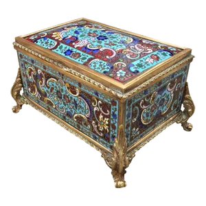 Late 19th Century French Champlevé Enamel & Fire Gilt Bronze Metalwork Domed Top Jewel Box