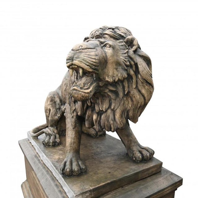 Lifesize Lion Gatekeeper Statues Stone Country House, Set of 2 For Sale - Image 15 of 16
