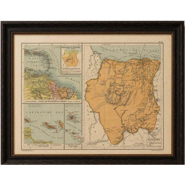 This highly detailed antique Dutch colonial atlas map depicts Suriname together with the Dutch possessions in the...