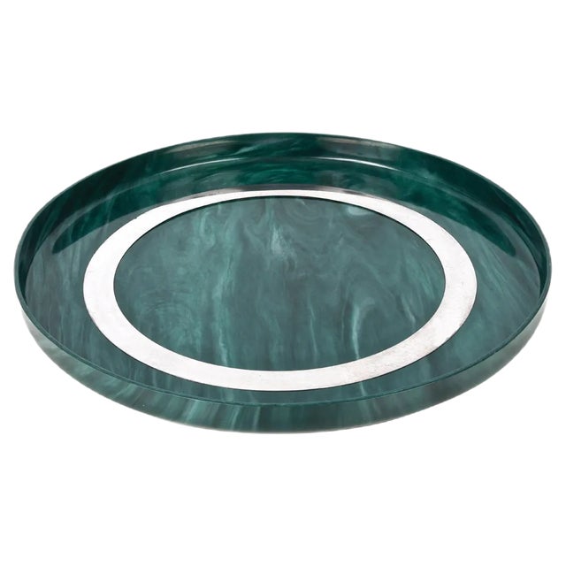Large Mid-Century Italian Round Green Bakelite and Steel Serving Tray, 1980s For Sale