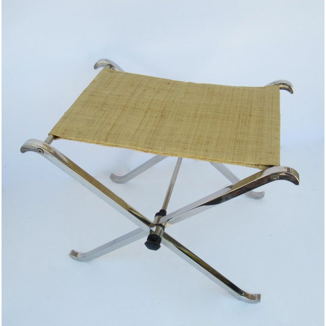 Donghia C.1970's French Maison Charles, Chrome Plated Over Solid Steel X-Base Cross Legged Bench With Donghia Raphia Textile For Sale - Image 4 of 13