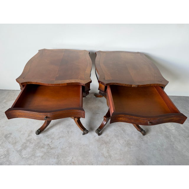 Vintage Eclectic Mahogany Curule-Base Side Tables With Brass Inlay – Pair For Sale - Image 9 of 18