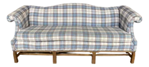 Mid-20th Century Cottage-Core Camelback Sofa With Chinese Chippendale Carved Legs in Original Plaid Fabric