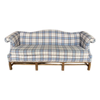 Mid-20th Century Cottage-Core Camelback Sofa With Chinoiserie Carved Legs in Original Plaid Fabric For Sale