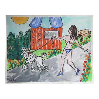 Surrealist Nude Landscape Flowers Dog Poodle Green Blue Orange White Pop Art Americana Original Painting by Cleo Plowden For Sale