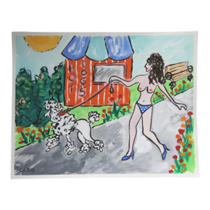 Surrealist Nude Landscape Flowers Dog Poodle Green Blue Orange White Pop Art Americana Original Painting Cleo Plowden