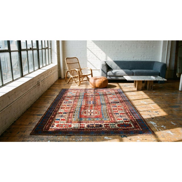 Textile 1880s Red Geometric Tribal Antique Caucasian Kazak Rug 4' X 6'5" Handknotted Wool Carpet For Sale - Image 7 of 8