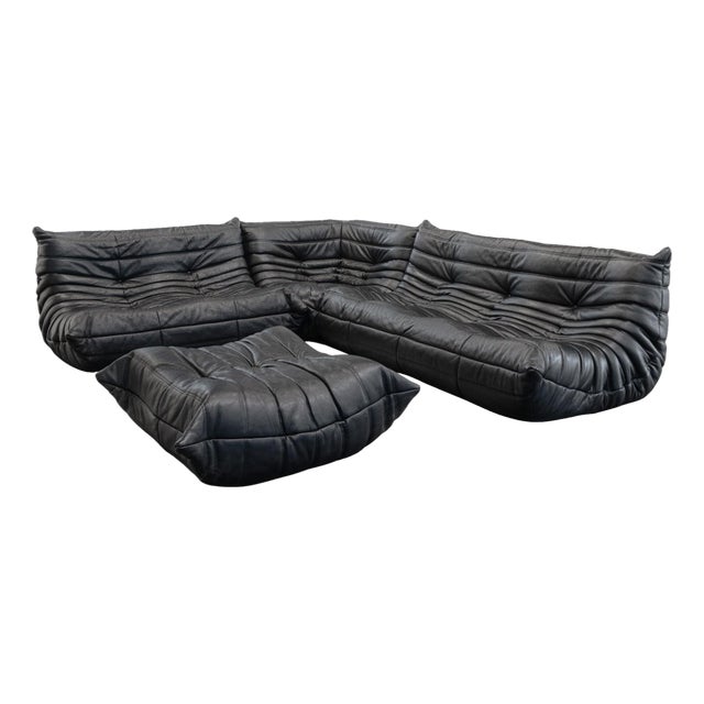 Michel Ducaroy for Ligne Roset Togo 4pc Black Leather Modular Sofa Set For Sale