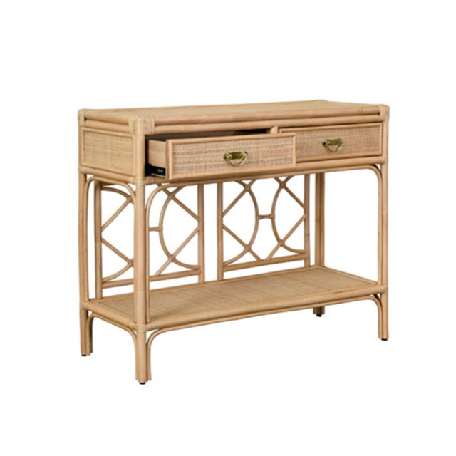 New special order item. Not vintage. Introducing the Gideon Natural Rattan Two Drawer Console, featuring a decorative back...