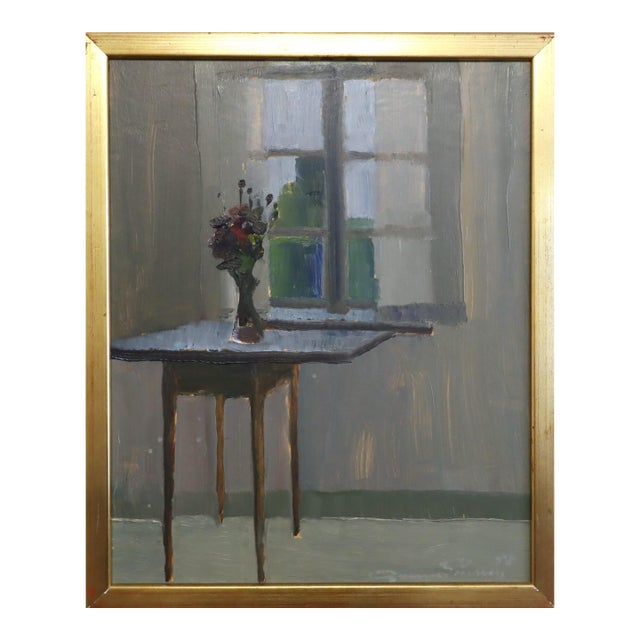 Mid-Century Modern 'Morning Light' Vintage Swedish Interior Still Life Oil Painting, Framed For Sale