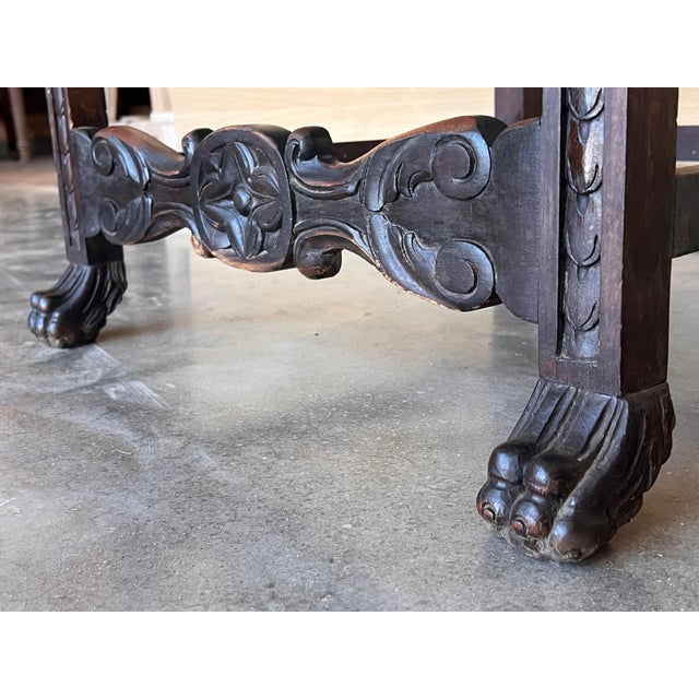 Brown 19th Spanish Carved Walnut Armchair with New Black Leather and Solomonic Columns For Sale - Image 8 of 18