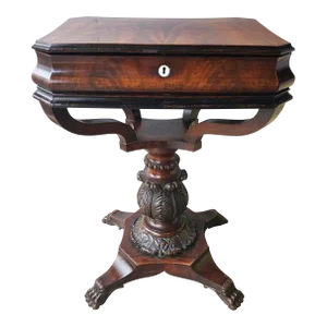 19th C. George IV Partial Ebonized Bookmatched and Carved Mahogany Sewing Stand