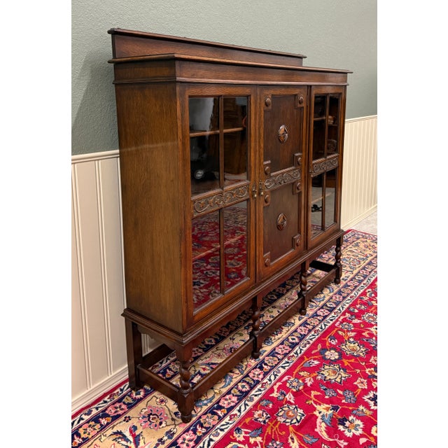 Antique English Jacobean Bookcase Bookshelf Cabinet Barley Twist Wavy Glass Oak For Sale - Image 4 of 18
