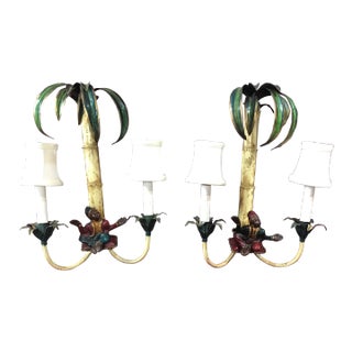Pair of 1980s Monkeys Palm Trees Faux Bamboo Tole Double Light With Shades Sconces For Sale