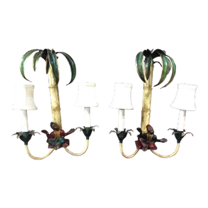 Pair of 1980s Monkeys Palm Trees Faux Bamboo Tole Double Light With Shades Sconces