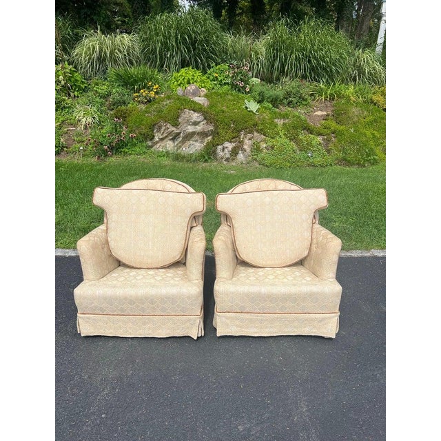 Pair of Tufted Button Back Swivel Chairs in a Cream Color With Brown Piping For Sale - Image 9 of 18
