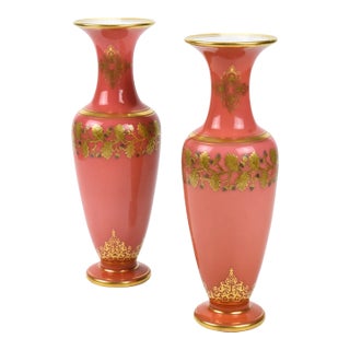 Mid 19th Century Superb Pair of Baccarat Opaline Glass Vases With Platinum and Gold Designs For Sale