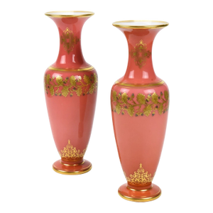 Mid 19th Century Superb Pair of Baccarat Opaline Glass Vases With Platinum and Gold Designs