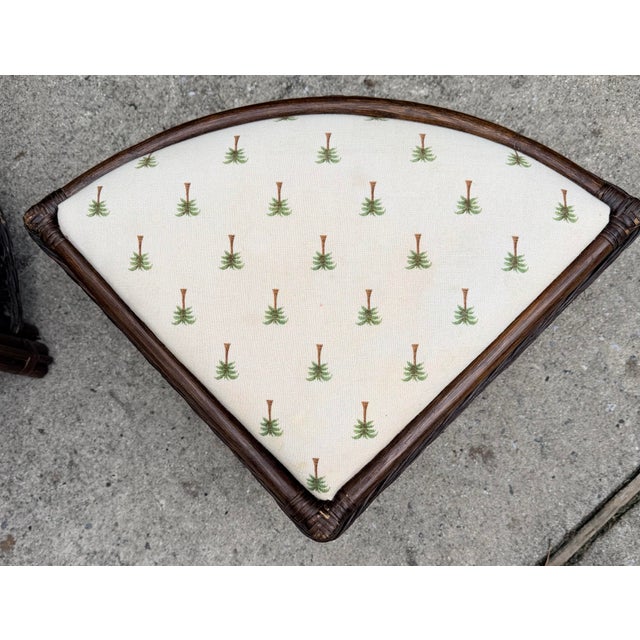 Wood Vintage Rattan Round Glass Top Coffee Game Table With 4 Cushioned Stools For Sale - Image 7 of 12