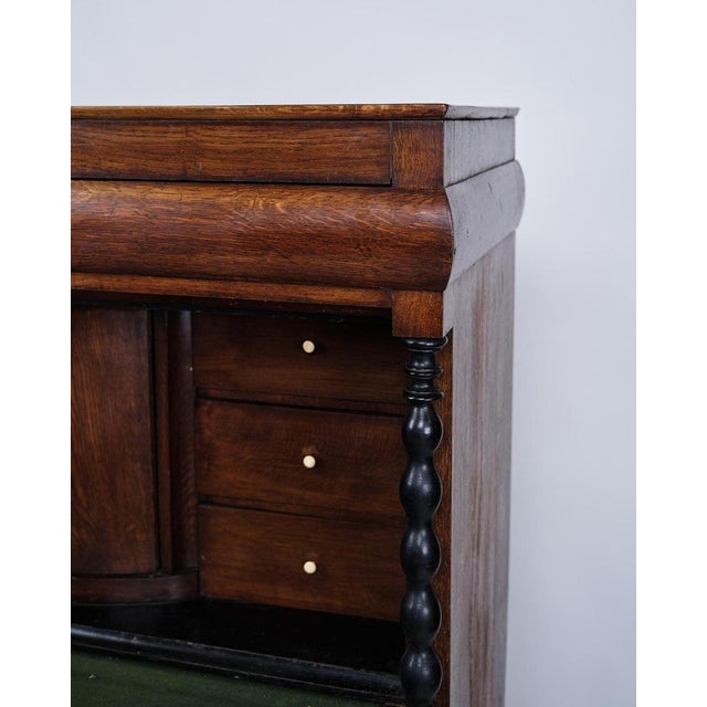 Secretary with 4 Drawers in Polished Oak and Green Felt Cloth with Brass Handles For Sale - Image 3 of 14