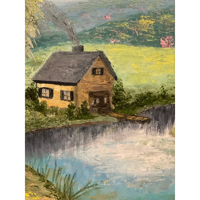 American Vintage American Impressionist Original Oil Painting Pink Trees Lakeside Cottage Floral Forest For Sale - Image 3 of 9