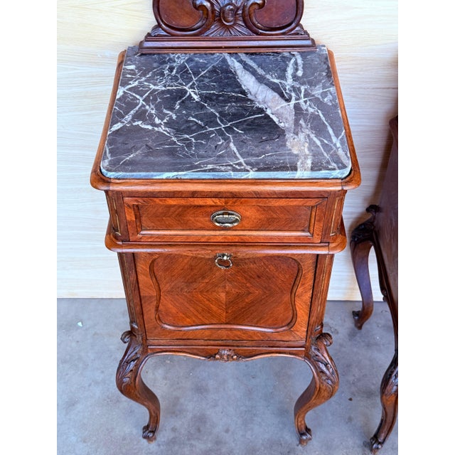 Brown Antique French Mahogany Night Stands with marble top and crest, 1900, A Pair For Sale - Image 8 of 18