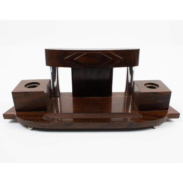 Brown Art Deco Desk Accessory, Macassar Wood and Metal Inkwell and Blotter For Sale - Image 8 of 15