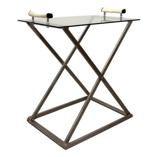 Vintage Stainless Steel & Glass Serving Table With Horn Handles For Sale