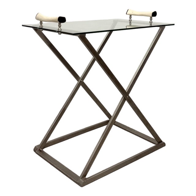 Vintage Stainless Steel & Glass Serving Table With Horn Handles For Sale