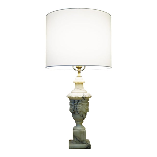 Neoclassical Urn Carved Grapes Leaves Carrara Marble Brass Table Lamp 1930's Italy For Sale
