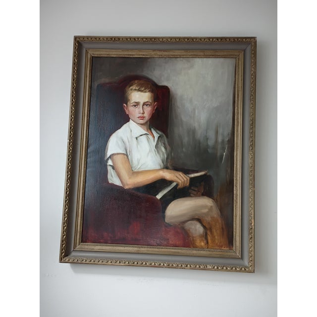 Early 19th Century Realism Seated Boy Portrait Oil Painting by Margot Clark (Signed "Vargoss") – 34" X 41 For Sale - Image 11 of 15